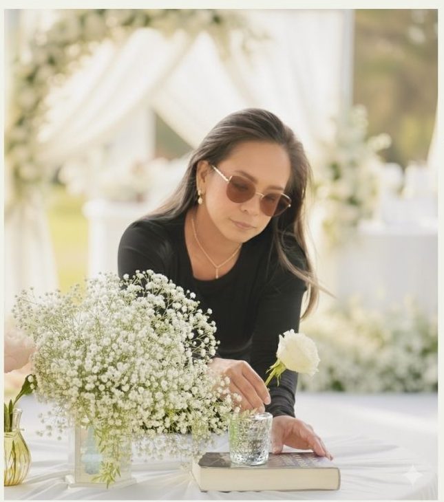Julie Piel, owner and event designer at Amore Exquisite, styling florals at a wedding