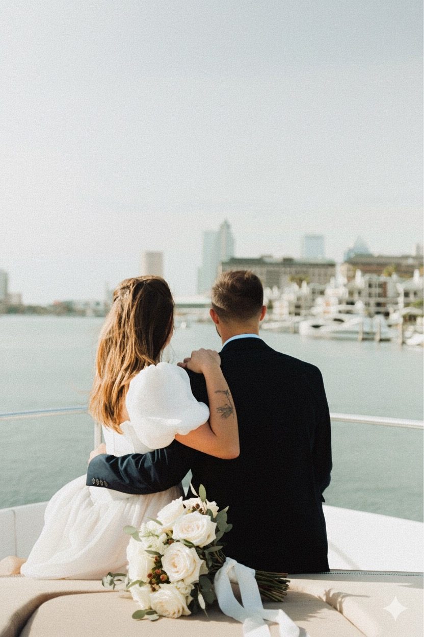 Newlyweds embracing aboard a yacht overlooking the Tampa skyline